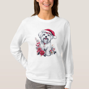 Floral Festive Maltese Dog with Santa Hat Xmas Dog T-Shirt