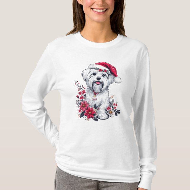 Floral Festive Maltese Dog with Santa Hat Xmas Dog T-Shirt (Front)