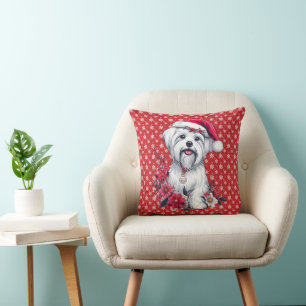 Floral Festive Maltese Dog with Santa Hat Xmas Dog Throw Pillow