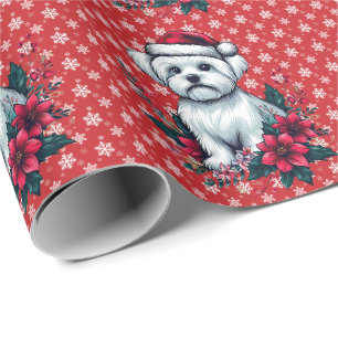 Floral Festive Maltese Dog with Santa Hat Xmas Dog Wrapping Paper