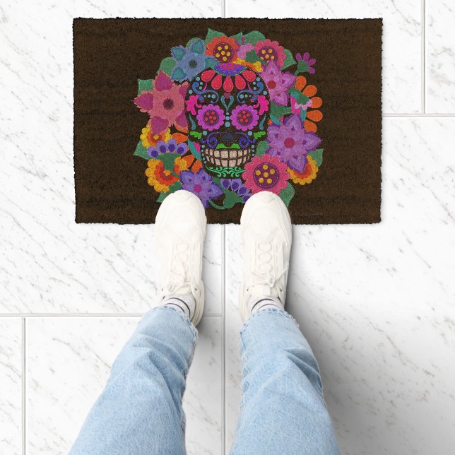 Floral Festive Sugar Skull Fiber Doormat (Insitu)
