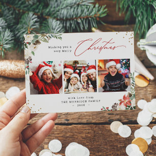 Floral Festivities: Modern Merry Christmas 3 Photo Holiday Card