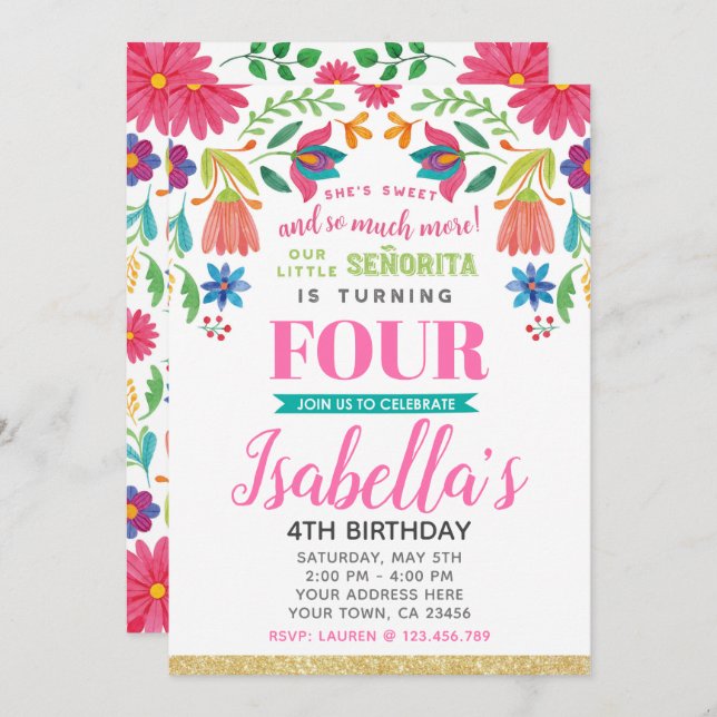 Floral Fiesta 4th Birthday Invitation (Front/Back)