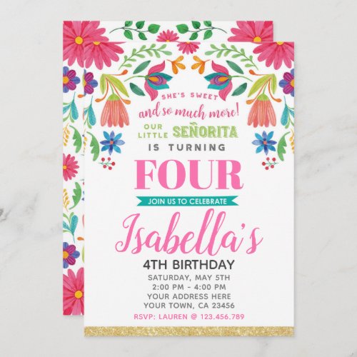 Floral Fiesta 4th Birthday Invitation