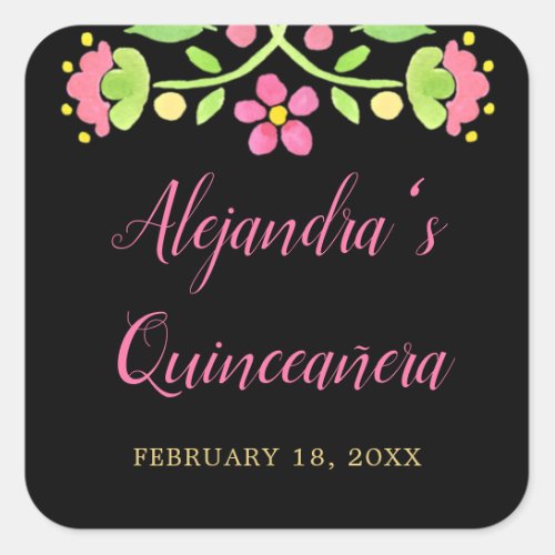 Floral Fiesta Black Gold Quinceanera Square Sticker