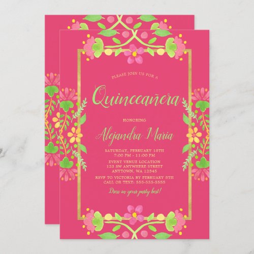 Floral Fiesta Pink Gold Quinceanera Photo Invitation