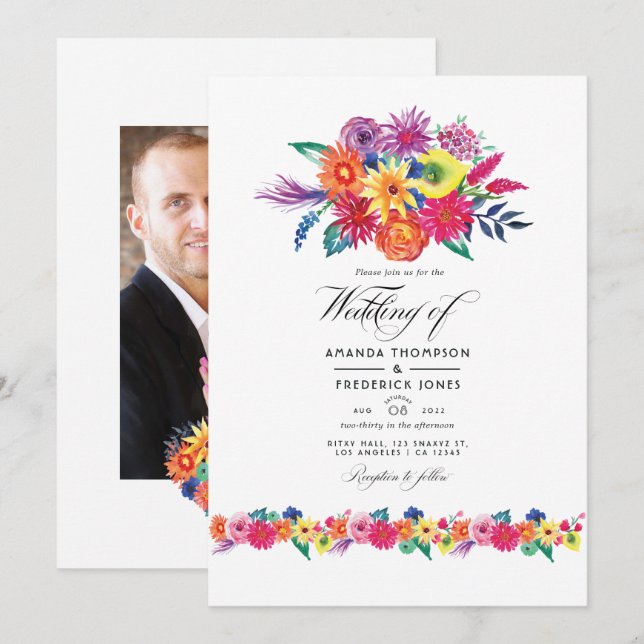 Floral Fiesta Wedding Photo Invitation (Front/Back)