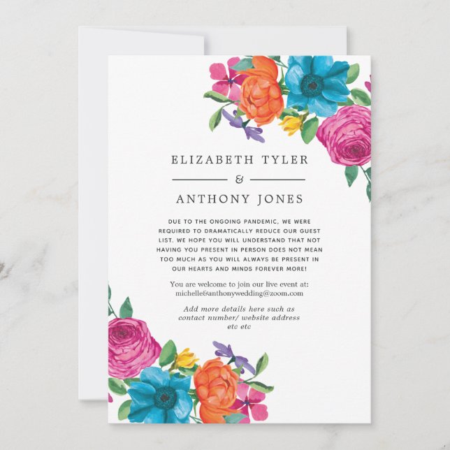 Floral Fiesta Wedding Reduced Guest List Announcement (Front)