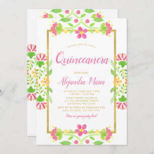 Floral Fiesta White Gold Quinceanera Photo Invitation