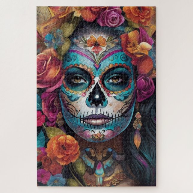 Floral Fiesta: Woman Embraces Dia de los Muertos Jigsaw Puzzle (Vertical)