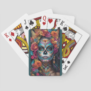 Floral Fiesta: Woman Embraces Dia de los Muertos Poker Cards