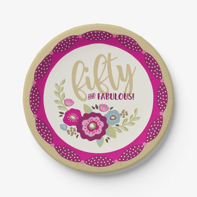 Floral Fifty and Fabulous Pink Gold Birthday Paper Plates (Front)