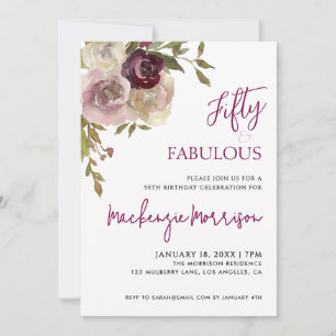 Floral Fifty and Fabulous Script Birthday Party Invitation
