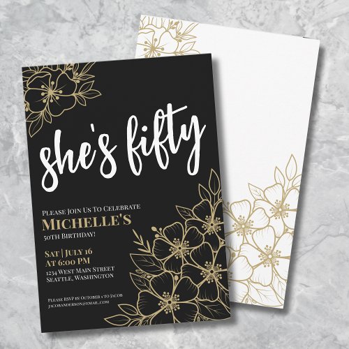 Floral Fifty Black Gold 50th Birthday Party Invitation