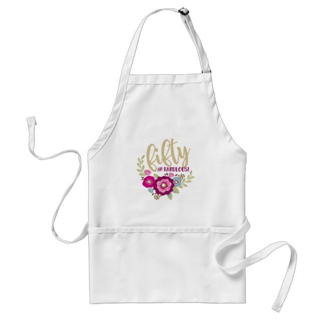 Floral Fifty Fabulous Pink Gold Birthday Party Adult Apron (Front)