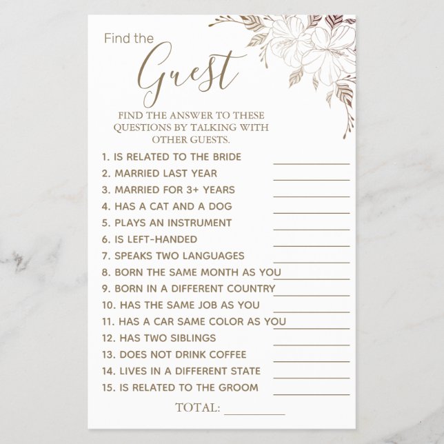 Floral Find the Guest Bridal shower game card Flye Flyer (Front)