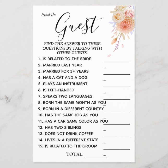 Floral Find the Guest Bridal shower game card Flyer (Front)