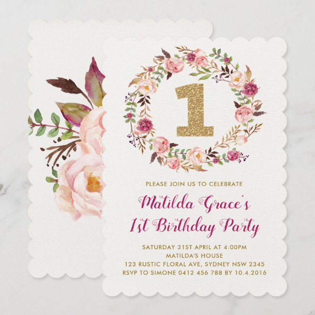 Floral First 1st Birthday Girl Party Invitation (Front/Back)