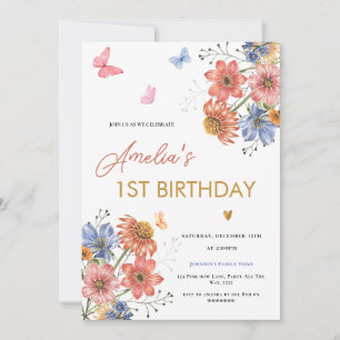 Floral First Birthday Girl Spring Flowers 1st Invitation