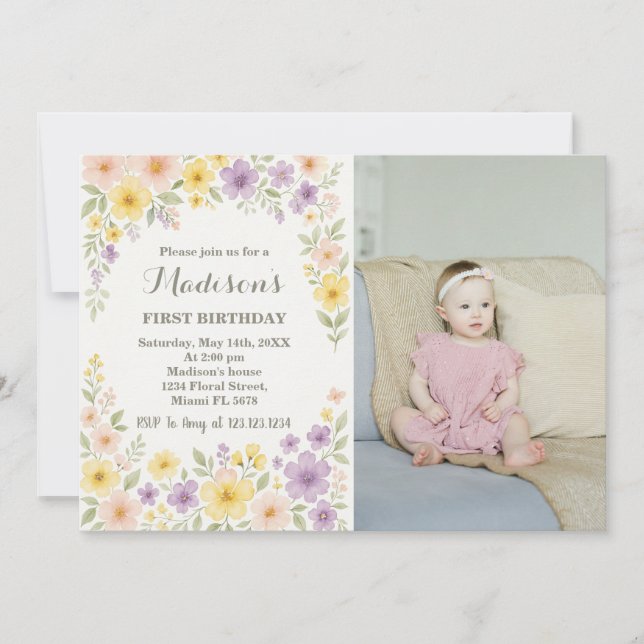 Floral First Birthday Invitation with photo (Front)