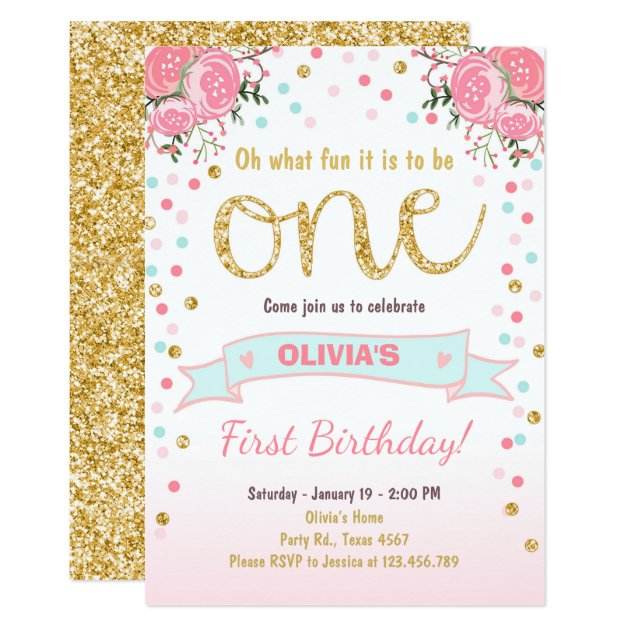 Floral First Birthday Invite Girl Pink Gold Roses