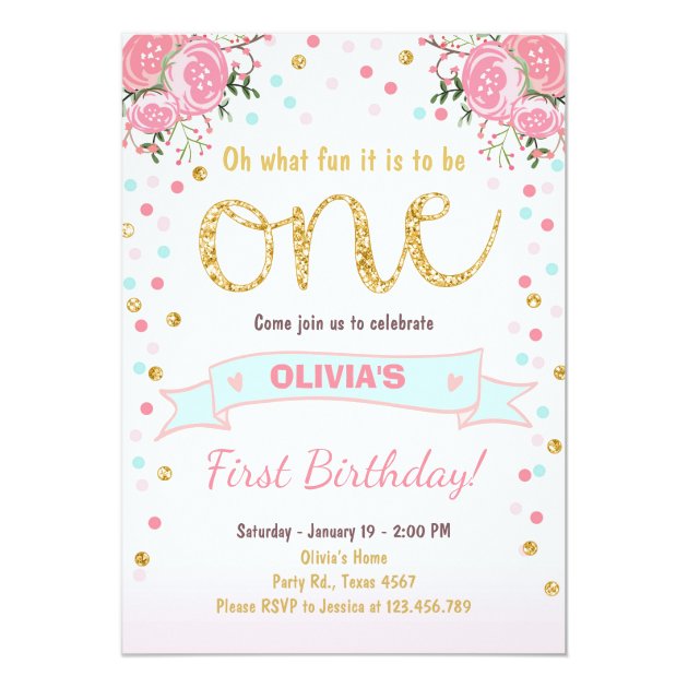 Floral First Birthday Invite Girl Pink Gold Roses