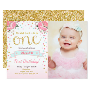 Floral First birthday invite Girl Pink Gold Roses