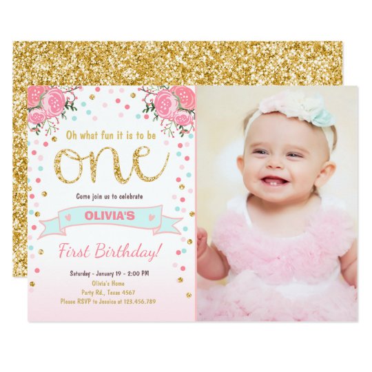 floral first birthday invite girl pink gold roses zazzle com