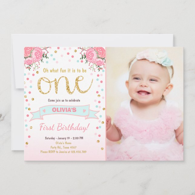 Floral First birthday invite Girl Pink Gold Roses (Front)