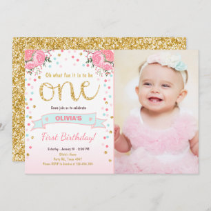 Floral First birthday invite Girl Pink Gold Roses