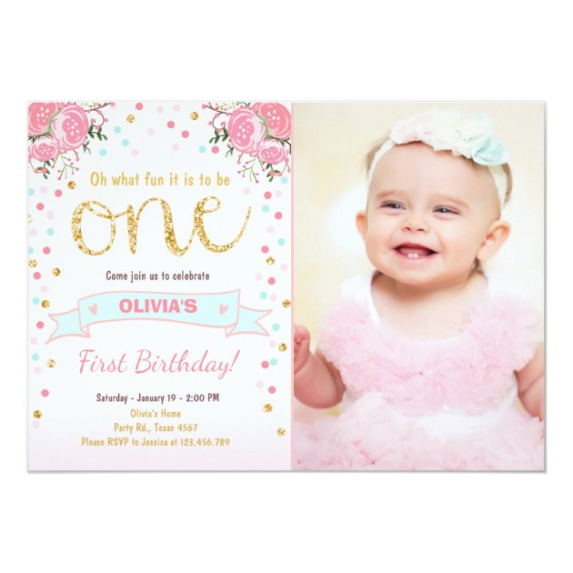 Floral First Birthday Invite Girl Pink Gold Roses