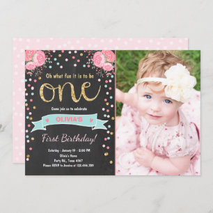 Floral First birthday invite Girl Pink Gold Roses