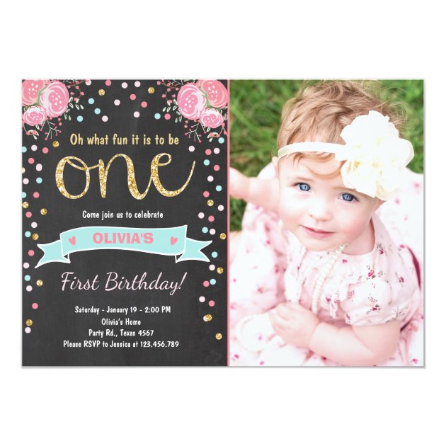 Floral First Birthday Invite Girl Pink Gold Roses