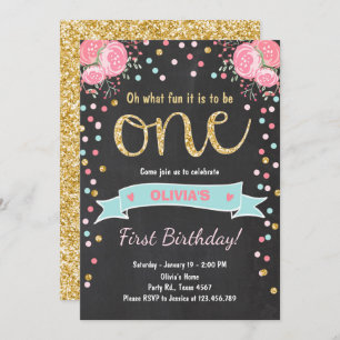 Floral First birthday invite Girl Pink Gold Roses
