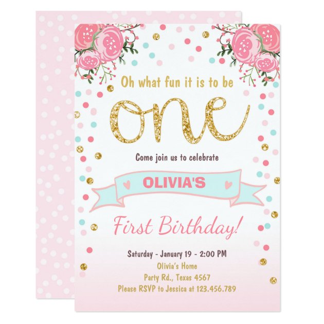 Floral First Birthday Invite Girl Pink Gold Roses