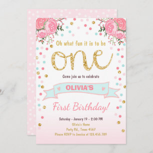 Floral First birthday invite Girl Pink Gold Roses