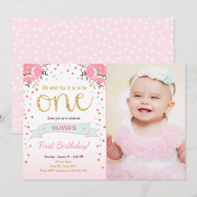 Floral First birthday invite Girl Pink Gold Roses (Front/Back)