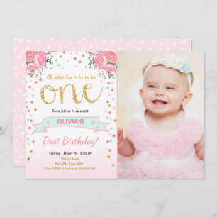 Floral First birthday invite Girl Pink Gold Roses