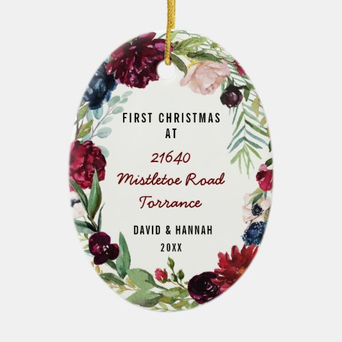 Floral First Christmas At New Home  New Address Ceramic Ornament