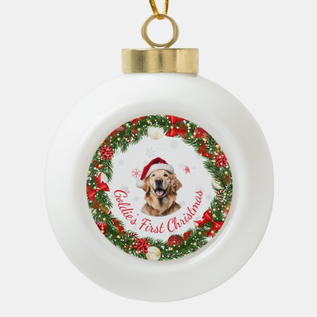 Floral First Christmas Classic keepsake for Pets Ceramic Ball Christmas Ornament (Front)