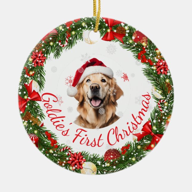 Floral First Christmas Classic keepsake for Pets Ceramic Ornament (Front)