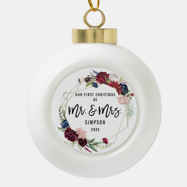 Floral First Christmas Mr and Mrs Ceramic Ball Christmas Ornament (Front)