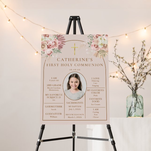 Floral First Communion Fun Facts Photo Sign (In Situ (Stand))