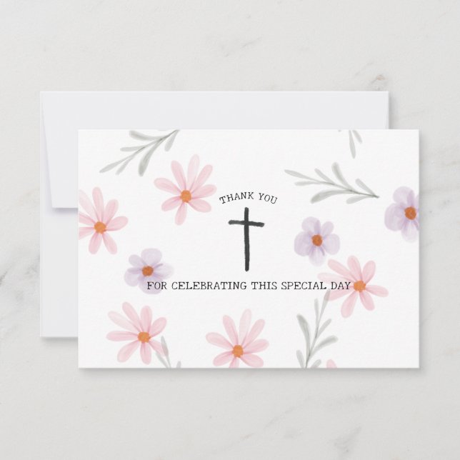 Floral First Communion Girl  Thank You Card (Front)