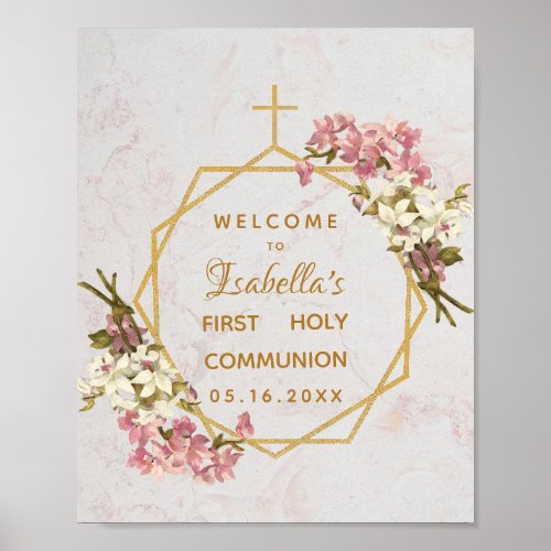 Floral First Communion Gold Marble Orchids Welcome Poster