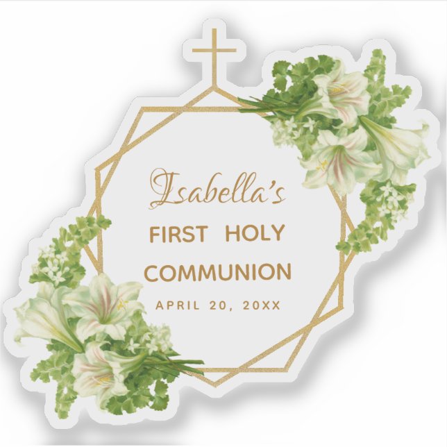 Floral First Communion Gold White Lilies Geometric Sticker (Front)