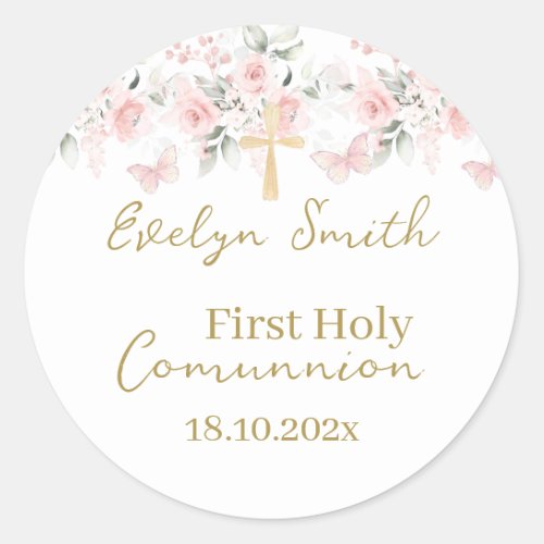 Floral First Communion Stikers Girl Classic Round Sticker