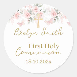 Floral First Communion Stikers, Girl Classic Round Sticker