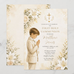 Floral First Holy Communion Boy Invitation