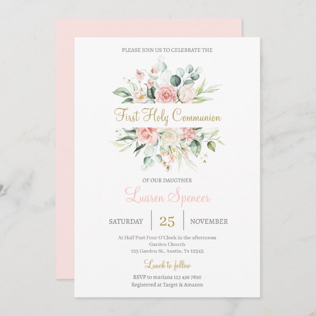Floral First Holy Communion for girl Invitation (Front/Back)